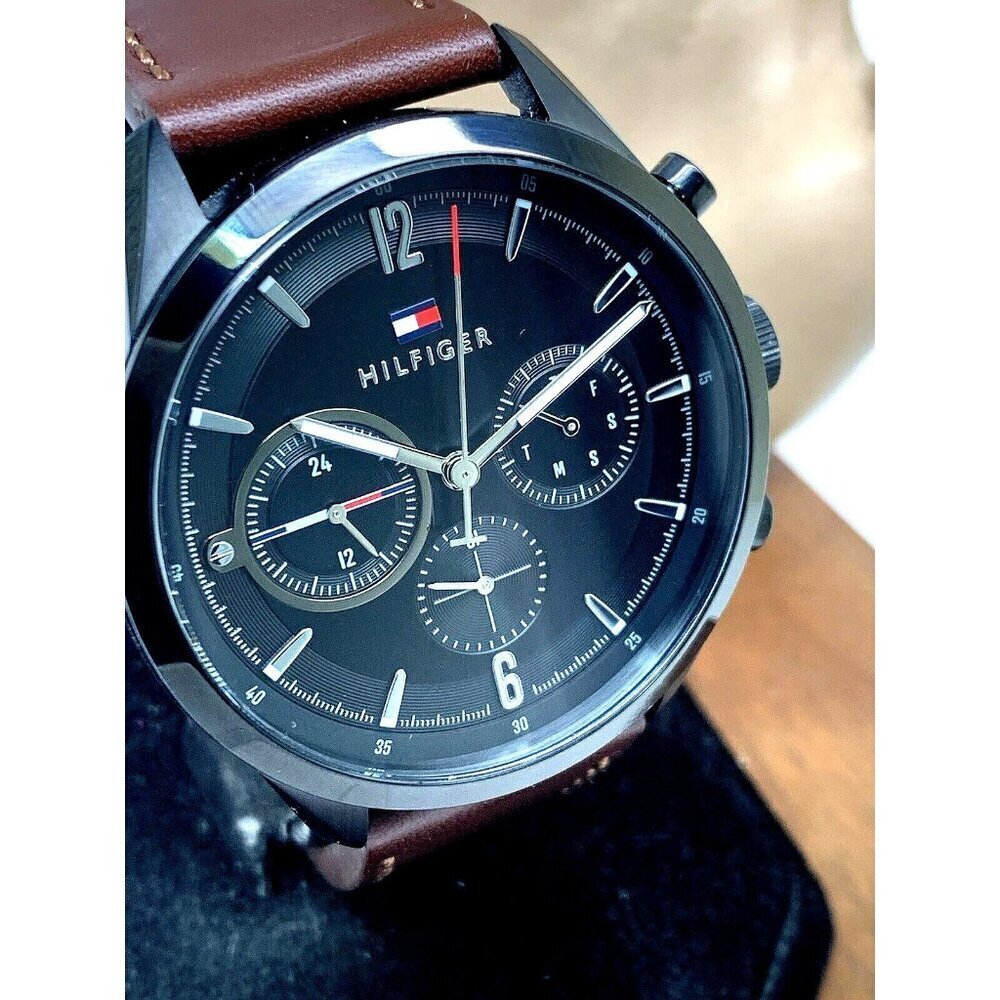 Tommy Hilfiger Men's Watch 1791942 Quartz Black Dial Brown Leather Band 44mm